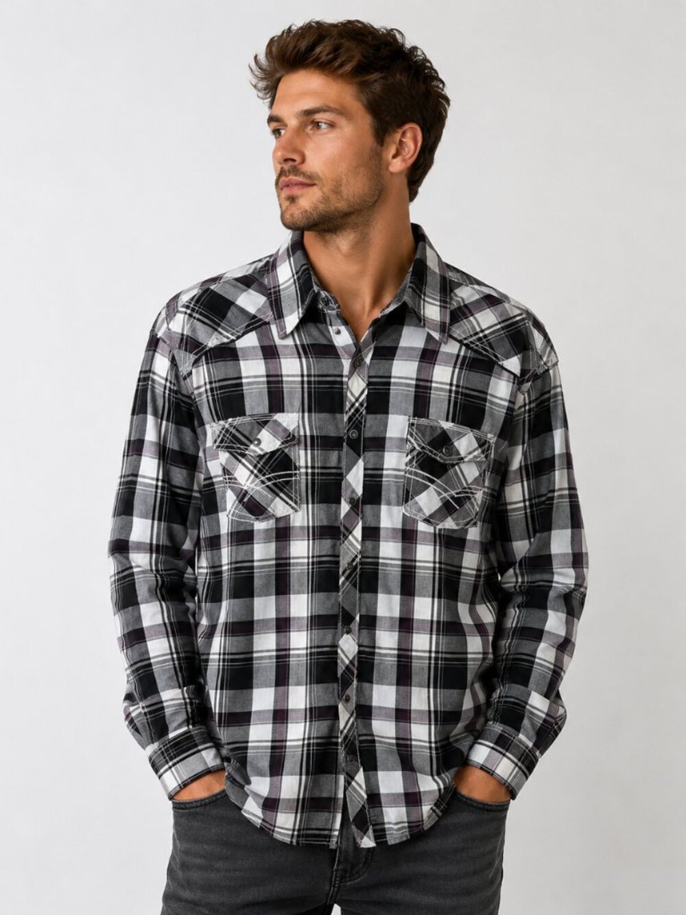 BKE Men's Size Xxl Pearl Snap Shirt Plaid Black Grey Western Athletic Fit Casual